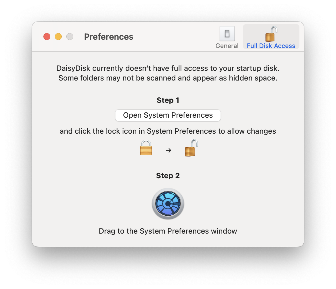 DaisyDisk’ Full Disk Access window