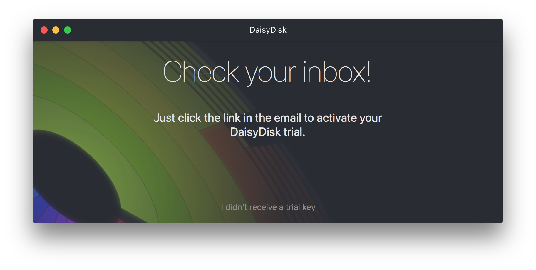 Trial activation window, trial key sent